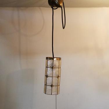 Vintage Brass and Capiz Shell Pendant Light with Ball Pull Chain