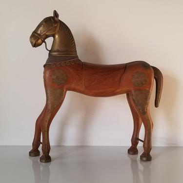 Vintage Carved Wood and Brass Horse Sculpture 