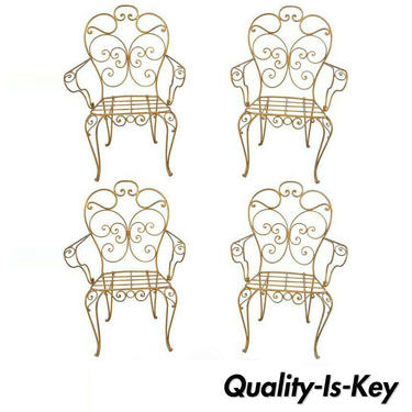 Set of Four Italian Hollywood Regency Gold Iron Metal Garden Patio Arm Chairs