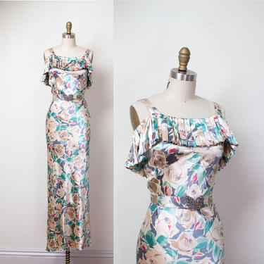 1930s Floral Print Satin Gown / 30s Rose Print NRA Label Dress 
