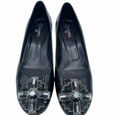 Chanel  Contemporary Black Patent Slippers with Jeweled Embellishment