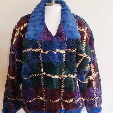 1980s Colorful Fur Bomber Jacket Oversized Arctic Dream / 80s Dyed Fur Jacket Multicolored Blue Green Red Plaid Check Medium / Yvonne 