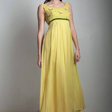 vintage 60s yellow empire maxi dress floral applique ribbon soutache EXTRA extra SMALL XXS 