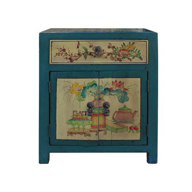 Chinese Teal Blue Color Graphic End Table Nightstand cs5977E 