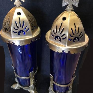Pair Vintage Catholic Church Sanctuary Cemetery Blue Glass Votive Candle Holder Ornate CastBase