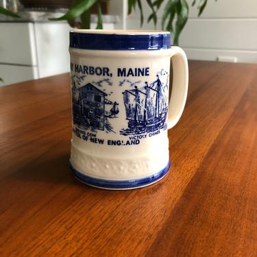 Boothbay Harbor Maine travel souvenir mug nautical Blue and White New England Pottery 