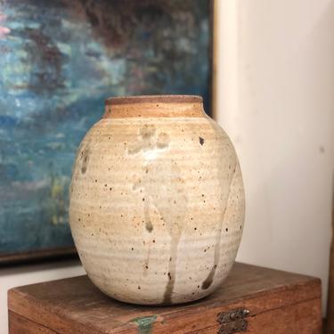 Vintage Beige Tan Brown JNIA Terracotta Vase Mid Century Modern Water Drop Pattern Details Retro Deco Signed Studio Pottery AbstractCeramic 