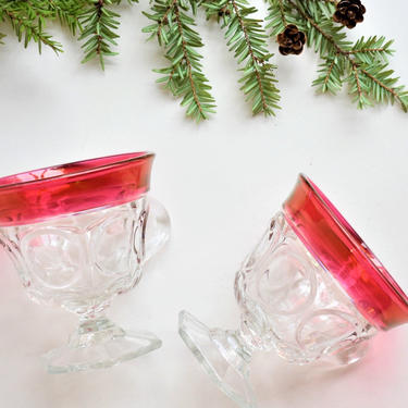 Vintage Tea Cup | Clear Punch Cup w/ Ruby Flashing | Six-Sided Base w/ Ovals Pattern | Tiffin Fostoria ndiana Glass Style Pressed Glass Mugs 