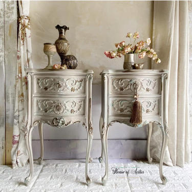 French Provincial Nightstands.  Old World French Country Vintage Bedside Tables.  Cream Gold Nightstands. French Country. Upscale Furniture. 