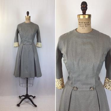 Vintage 50s dress | Vintage light grey heather flannel party dress | 1950s grey wool lace  cocktail dress 
