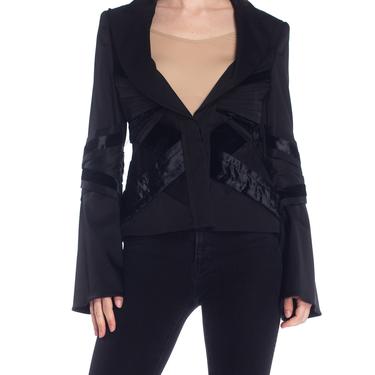 2000S Tom Ford For  Gucci Black Satin & Velvet Pleated Bell Sleeve Blazer With Belt From Fall 2004 Runway, Sz 42 