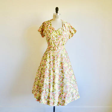 Vintage 1950's Orange Yellow Green Floral Cotton Fit and Flare Dress Full Skirt Spring Garden Party Rockabilly Swing 29&amp;quot; Waist Medium 