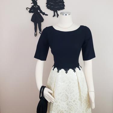 Vintage 1950's Cocktail Dress / 60s Black and White Formal Dress XS 