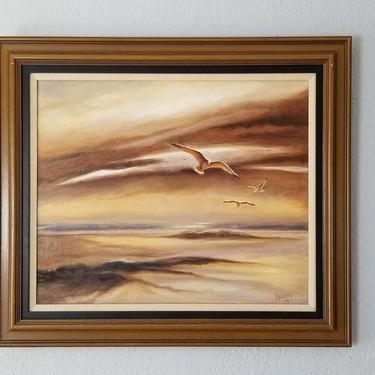 1974 Nancy Sunset Landscape W/ Flying Birds Abstract Painting . 
