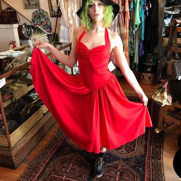 Red sundress | 50's fit n flare style | backless Halter top style| Marylyn Monroe Vibe| 1980's does 1950's Pinup Rockabilly 