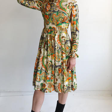 Vintage 60s Gold Lam Paisley Party Dress/ 1960s 70s Long Sleeve Ruffle Mod Dress/ Size Small 