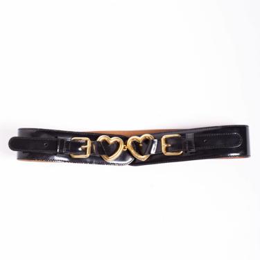 Vintage MOSCHINO Redwall Black Patent Leather Heart Belt Gold Italian 90s 