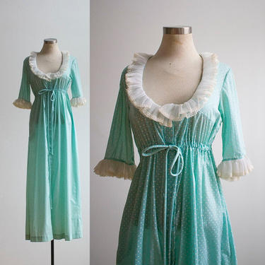 Vintage 1970s Nightgown / Vintage 1970s Gown / Mint Green Polka Dot Robe / Vintage Robe / Vintage Lingerie / 1970s Lingerie / Vintage Maxi 