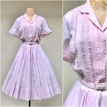 Vintage 1950s Pink Cotton and Lace Shirtwaist Dress, 50s Short Sleeve Summer Frock with Full Pleated Skirt, Small to Medium 