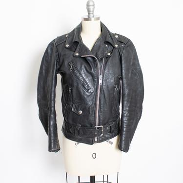 Vintage 1970s Motorcycle Jacket Black Leather Horse Hide Asymmetric Belted XS / Small 