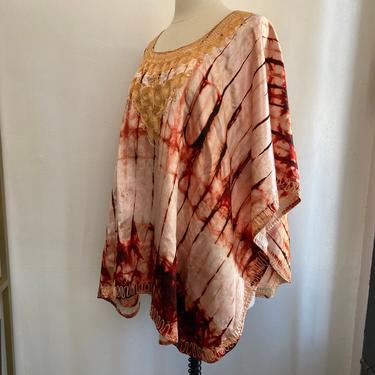 Vintage 70’s SATIN TIE DYED Boho Tunic Poncho Top Cover-Up Dashiki / Embroidered Trim 