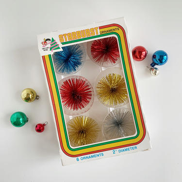 Box of 6 Retro Starburst Ornaments, Colorful Tinsel Pom Poms, Vintage Christmas Decoration, Gift Topper, Gift Wrapping Accessories 