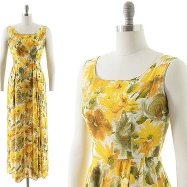 Vintage 1960s 1970s Sundress | 60s 70s Yellow Floral Cotton Printed Full Skirt Maxi Dress (small) 