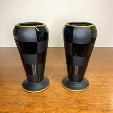 Vintage Tiffin Glass Echec Black Dhalia Cupped Vases #15151 RARE Art Deco 