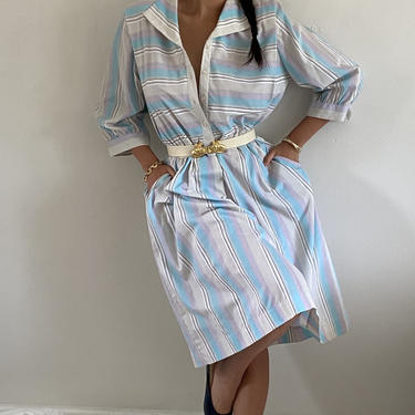 80s striped pastel cotton dress / vintage baby Tiffany blue cotton striped popover batwing shirt dress | M L 