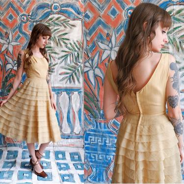 Vintage 50s Ochre Tiered Dress/ 1950s Light Yellow Sleeveless Cupcake Gown/ Size XS 24 