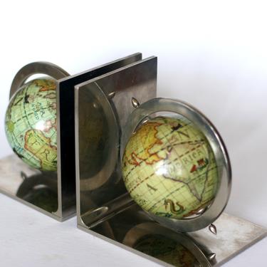 vintage industrial steel bookends with globes/made in italy/Olde World Globe 