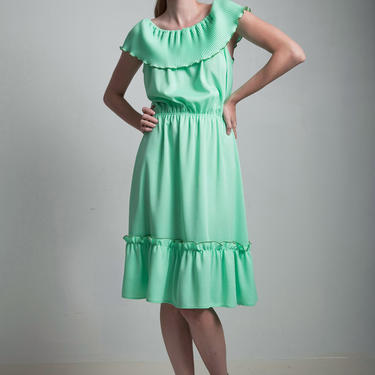 vintage 70s mint green ruffle collar sleeveless dress off the shoulder MEDIUM LARGE M L 
