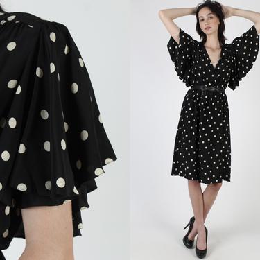 Black Silk Polka Dot Dress / 1980s Ivory Spots Dress / 80s Pull On Wear To Work Dress / Womens Deep V Wrap Flutter Sleeve Cocktail Mini 