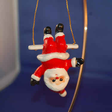 Vintage Christmas Fitz &amp; Floyd Ceramic Swinging by his Knees Santa Ornament 1978 ~ Vintage Christmas Decor ~ Playing Santa ~ Santa Claus 