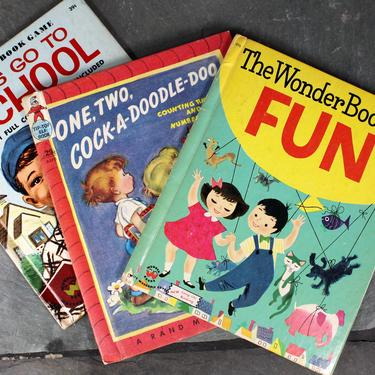 Set of 3 School-Themed Vintage Books from the 1950s/60s - Let's Go to School, One Two Cock-A-Doodle-Doo, The Wonder Book of Fun 