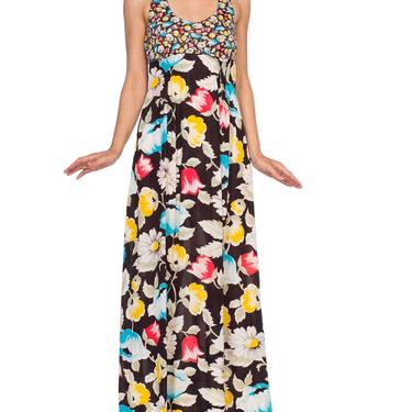 1970'S Floral Printed Polyester Jersey Halter Maxi Dress 