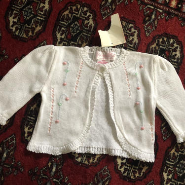 New old stock infant cardigan sweater / Sophie Dess Creations Paris, white cotton, baby girl 3m 