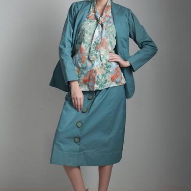 3 piece skirt suit ascot bow top matching set vintage 70s muted green jacket floral top LARGE L 