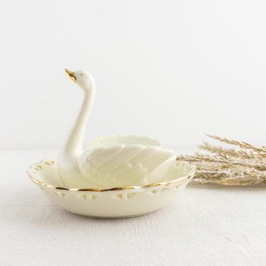 Vintage Avon Swan Jewelry and Ring Dish, Ivory Porcelain and Gold Trinket Dish, Swan Statuette, Mother's Day Gift, Collectible 