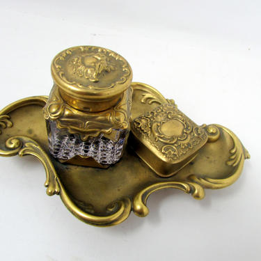 Art Nouveau Gold and Crystal Inkwell and Nib Box Antique Inkwell Set 
