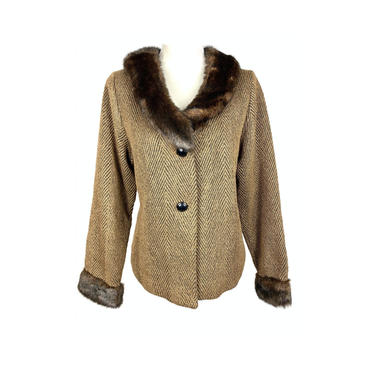 Vintage Faux Fur Collared Jacket | 90's Lightweight Blazer Jacket | Womens Faux Fur Coat Cropped Formal Jacket Herringbone Size Medium 