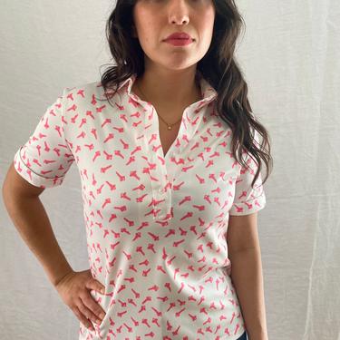 Awesome 70s Vintage Key Novelty Print Polo - 1970s Pink / White short sleeve Collared Shirt 