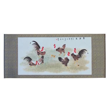 Chinese Color Ink Rooster Hens Scenery Horizontal Scroll Painting Wall Art cs5704E 