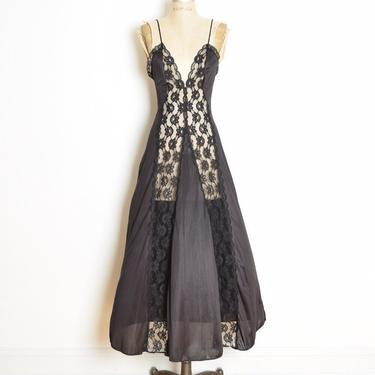 vintage 70s nightgown black sheer lace panels long lingerie gown nylon slip S clothing 