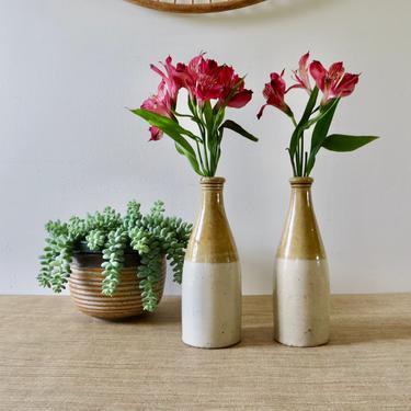 Vintage Vases - Ceramic Two Tone Vases - Set of Two - Beige Tan Colors - Color Block Vase - Propagation Vases - Propagation Vessel 
