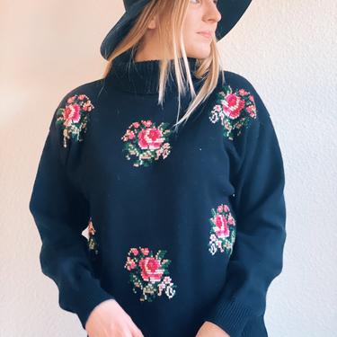 Vintage Floral Black Turtleneck Sweater 