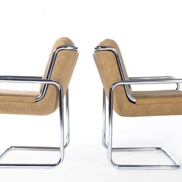 Mid Century Modern Lounge Chairs in Tubular Chrome and Newer Tan Upholstery 