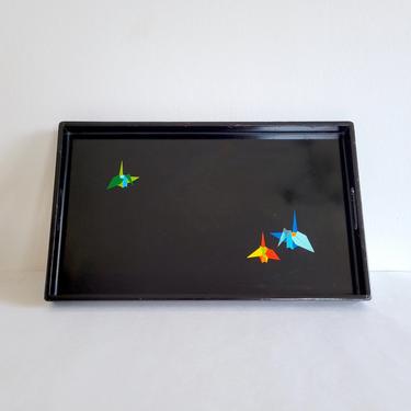Vintage Japanese Black Lacquer Wood Tray, Origami Bird Inlay with Abalone 