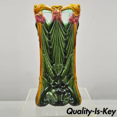 Antique Glazed Pottery Ceramic French Art Nouveau Majolica Umbrella Stand