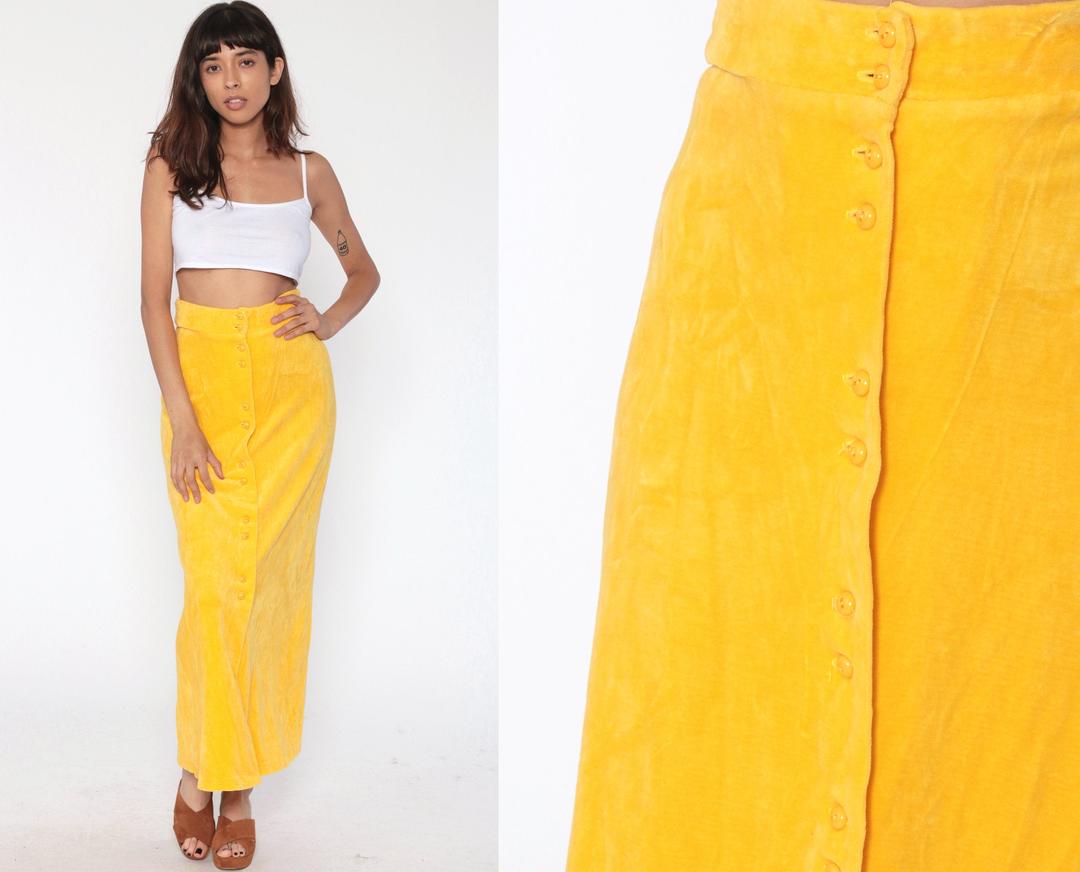 Yellow Velour Skirt 70s Maxi Skirt Boho Belted Summer 1970s | Shop ...